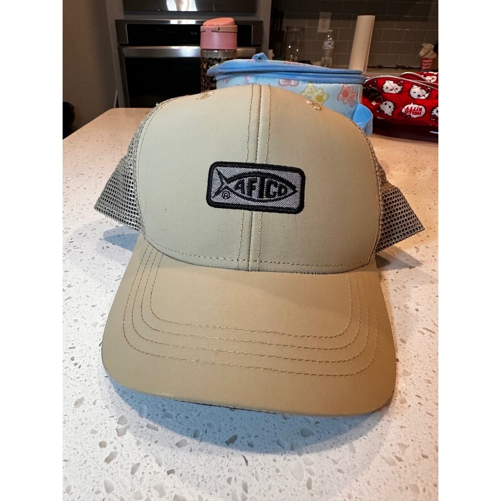 AFTCO Mens Fishing Trucker Hat Tan Khaki Mesh Snapback Logo Patch Baseball Cap